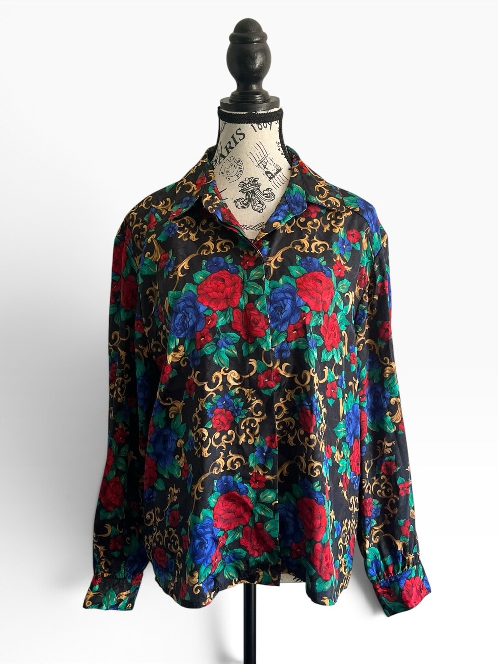 Vintage Primary Colour Floral Baroque Blouse Black Blue Red Gold Maximalist